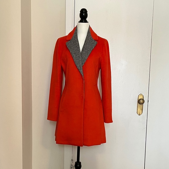 Korean Orange Wool Blend Coat – 58% Wool, Houndstooth Collar, Double Breast - Picture 1 of 10